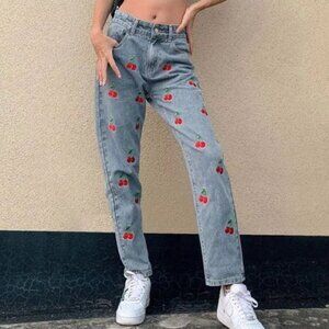 Cider Cherry Embroidered Jeans | High Rise Straight Leg | Rigid Denim | Size S